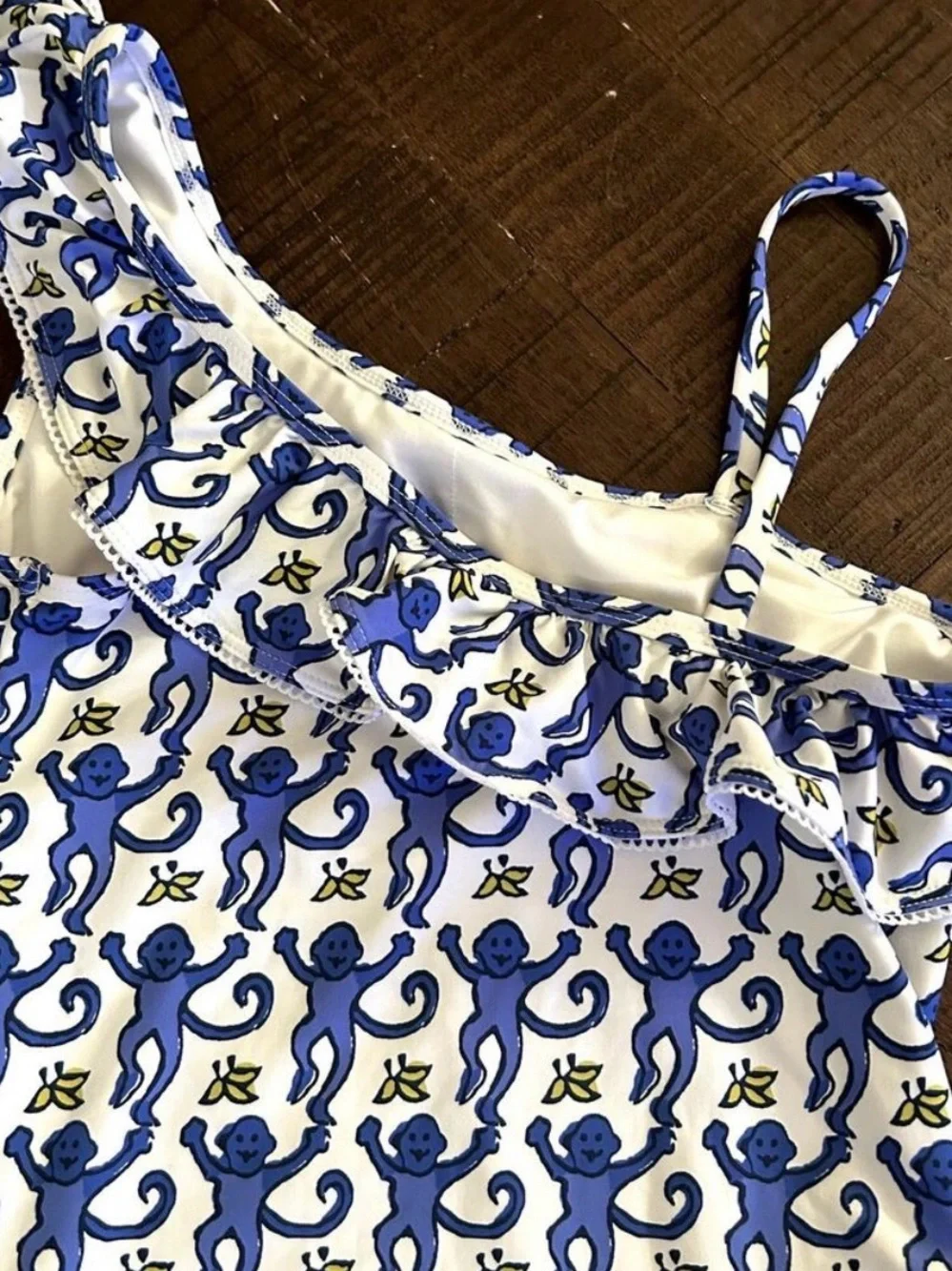 Roller Rabbit Kids 14/16 One-Shoulder Monkey Print Swimsuit in Blue